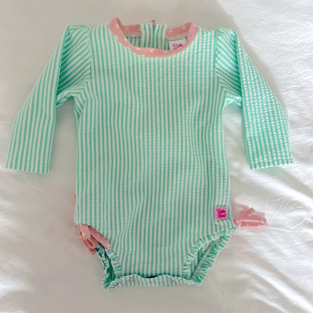 Ruffle Butts 6-12 month swim suit Green Seersucker